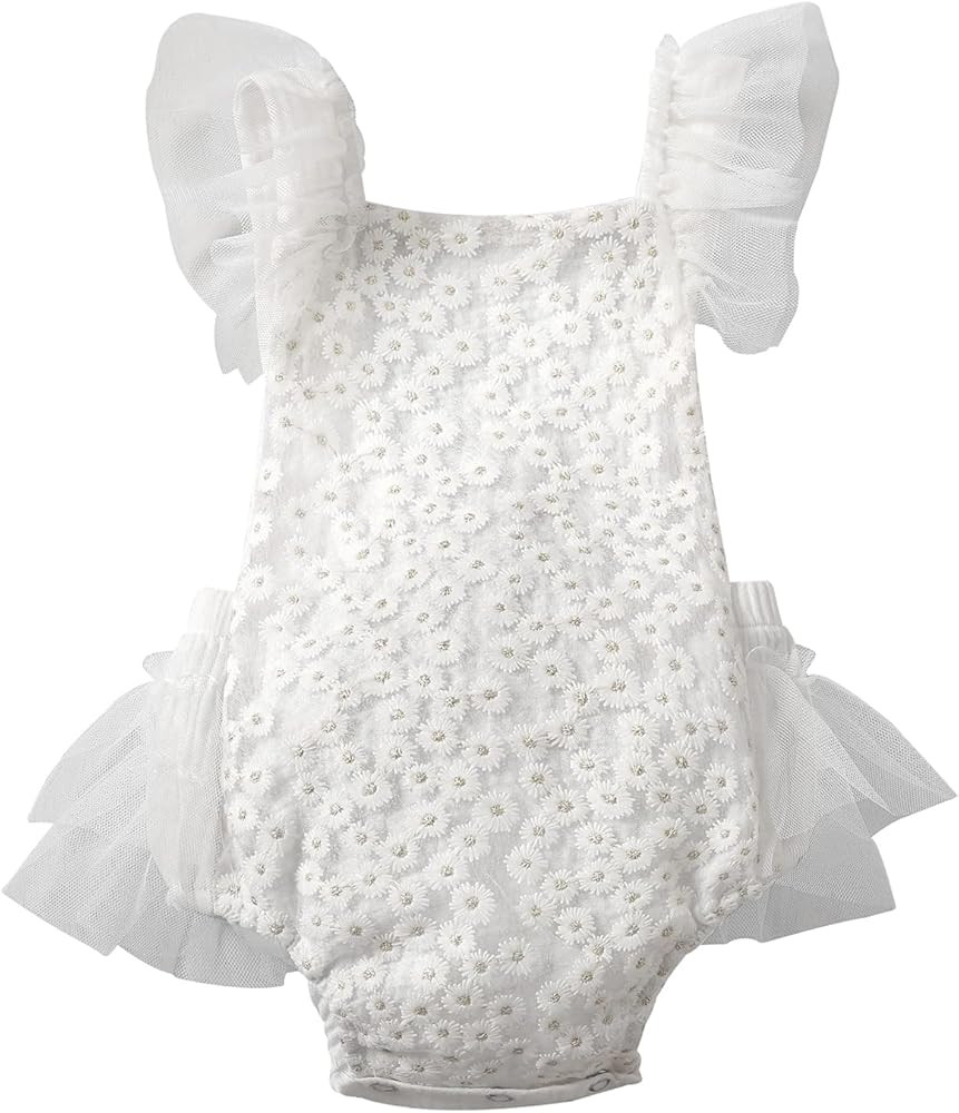 Infant Baby Girls Rompers Net Yarn Flying Sleeves Lace Embroidered Backless Jumpsuits Summer Clothes | Amazon (US)
