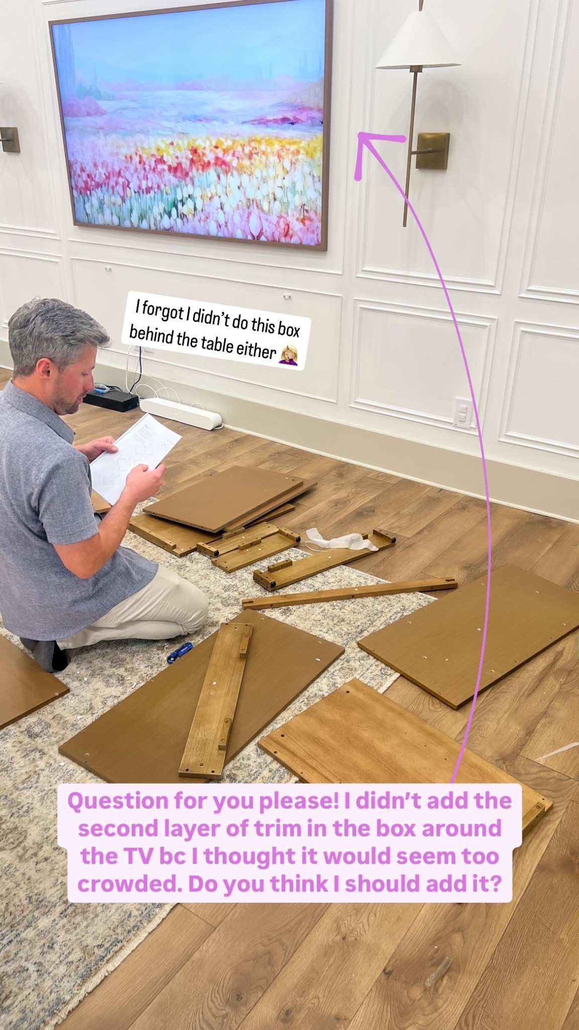 I forgot I didn’t do this box
behind the table either 🤦🏼‍♀️ Question for you please! I didn’t add the second layer of trim in the box around the TV bc I thought it would seem too crowded. Do you think I should add it?