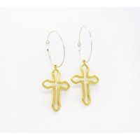 Drop Cross Earrings, Dangle Sterling Silver, 18K Gold Plated, Cross Hoop Handmade, Large | Etsy (US)