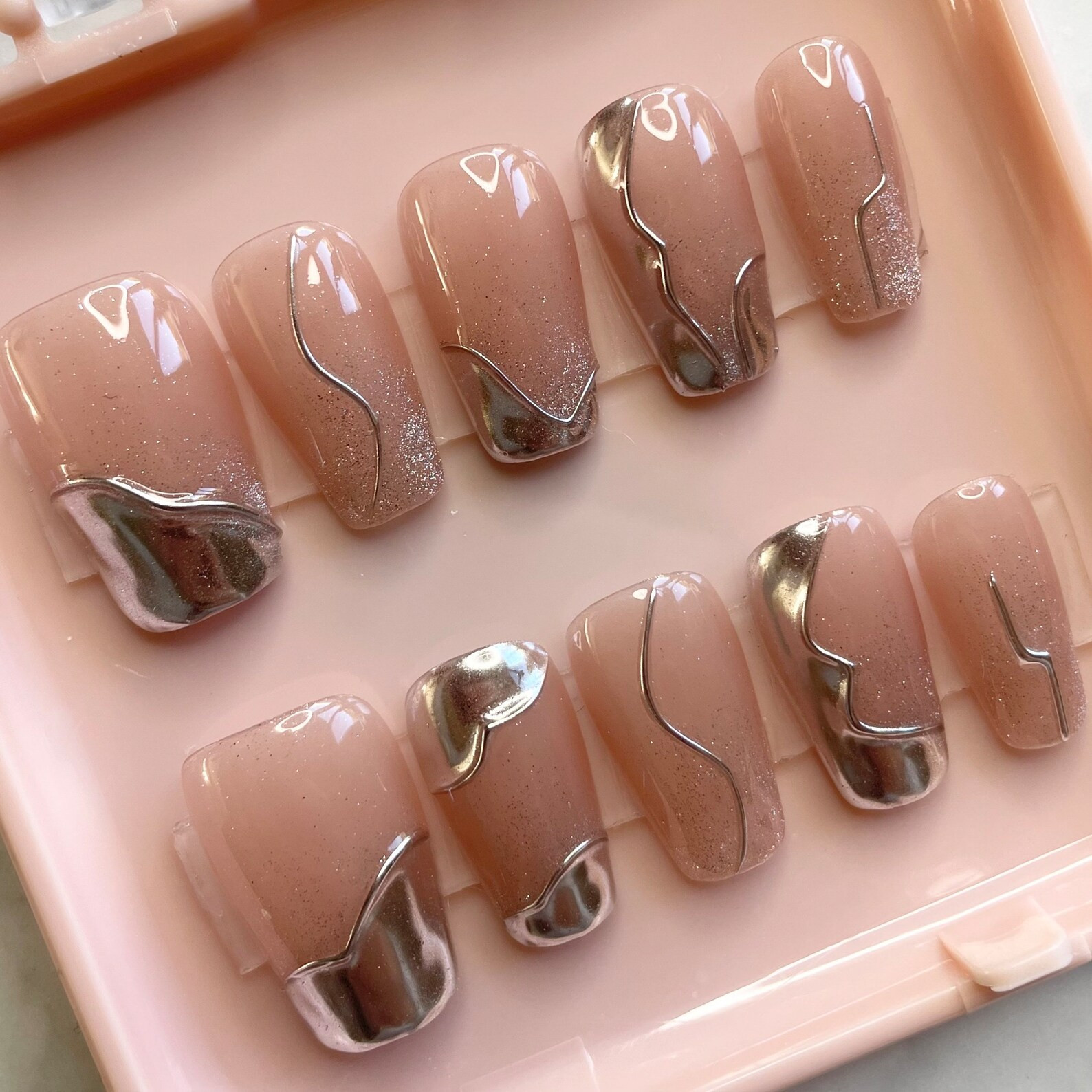 Pink and Silver Chrome Press-on Nails, Futuristic Chrome Silver Design, Short Coffin Press-on Spr... | Etsy (US)