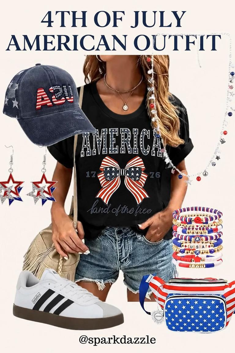 4th of July Outfit Ideas 🇺🇸 | Cute Patriotic Outfit for Women Looking for the perfect 4th of July outfit? This patriotic outfit features a trendy America graphic tee, distressed denim shorts, comfy sneakers, statement star earrings, and festive red, white, and blue accessories. Whether you're headed to a backyard BBQ, fireworks show, parade, lake day, or summer party, this casual Americana outfit is both stylish and comfortable. Save this patriotic fashion inspiration for Independence Day celebrations and summer holiday weekends. #4thOfJulyOutfit #PatrioticStyle #AmericanOutfit #FourthOfJulyFashion #SummerOutfitIdeas #BBQOutfit #PatrioticFashion #RedWhiteAndBlue #AmericaStyle #CasualSummerOutfit #IndependenceDay #USAFashion #HolidayOutfit #DenimShortsStyle #AmazonFashion