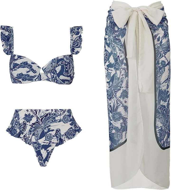 Women's 3 Piece Floral Underwire Bikini Swimsuit Set and Cover Up Beach Dress | Amazon (US)
