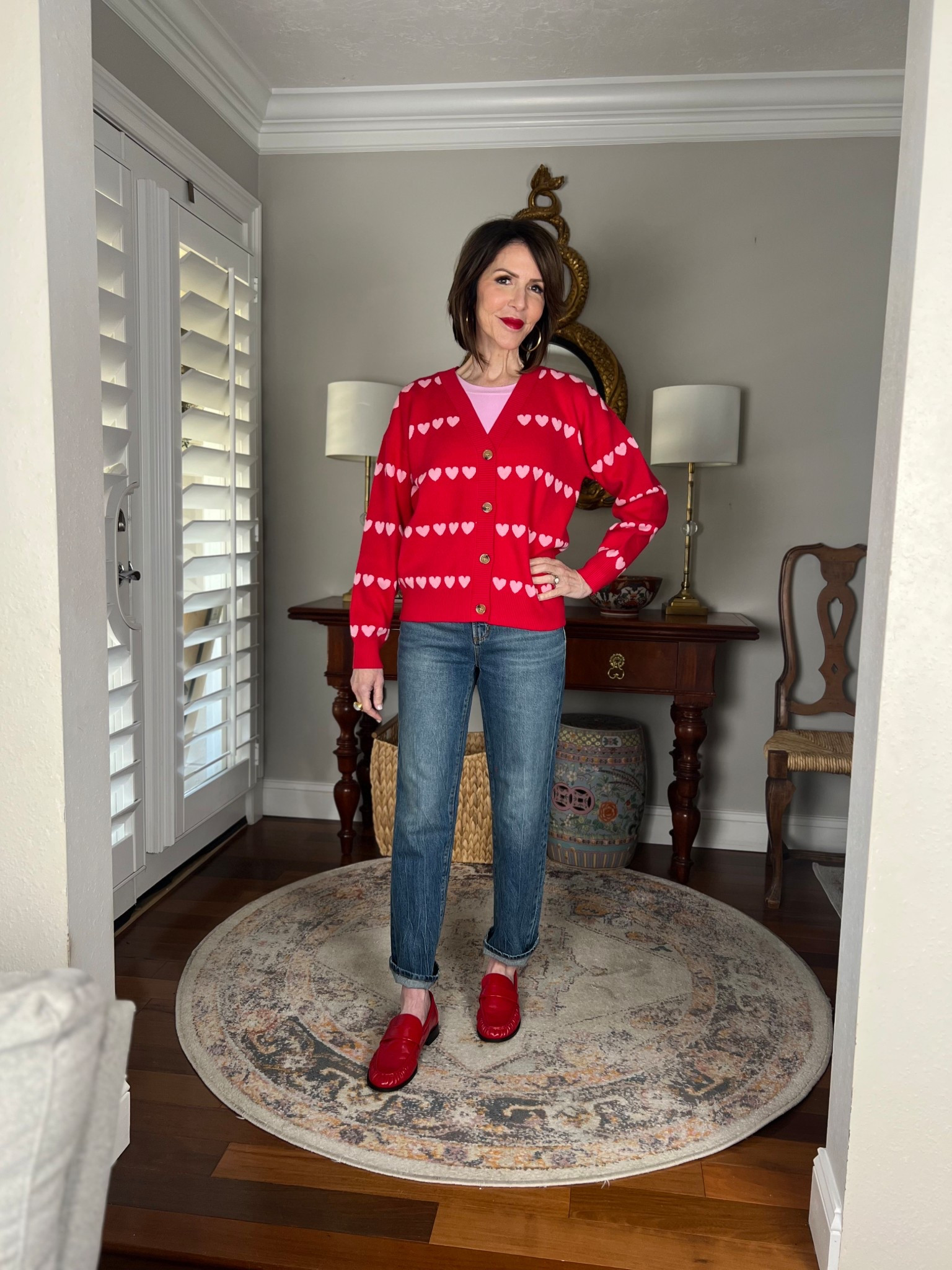 heart cardigan, straight leg jeans, over 50 outfits 

#LTKOver40 #LTKgrwm #LTKootd