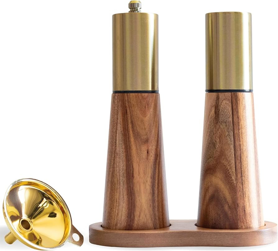 2 Pack Gold Salt Shaker and Pepper Grinder Set, 304 Stainless Steel & Oak Manual Pepper Mill with... | Amazon (UK)