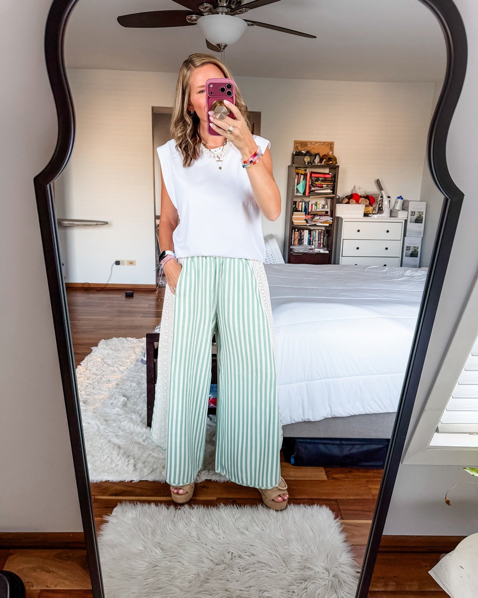 Taking these striped pants for a spin today and am loving them! Super lightweight and flowy - I had a couple of people think I was wearing a skirt actually! And these tees are my fave because the armpit comes up higher on the side.

#LTKOver40 #LTKWorkwear #LTKootd