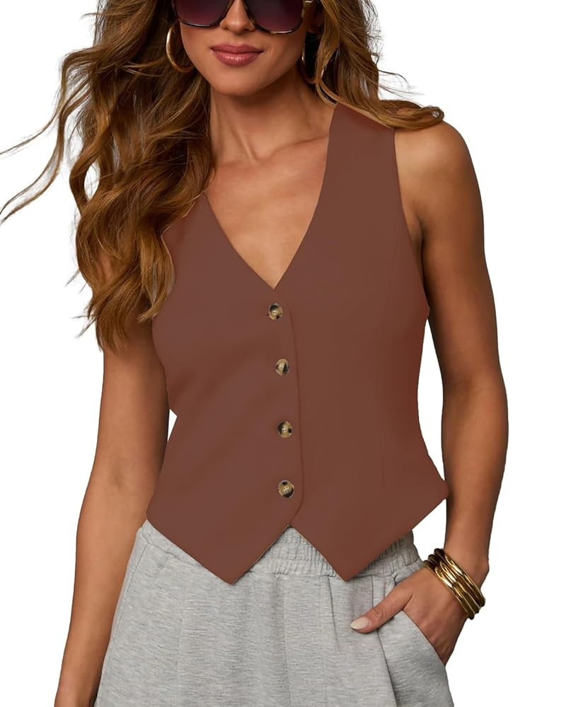 Women's Summer Vest Tops V Neck Button Down Tank Tops Sleeveless Going Out Crop Tops Cute Busines... | Amazon (US)