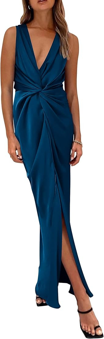 PRETTYGARDEN Women's Satin Ruched Bodycon Dress Summer 2023 Twist Front V Neck Sleeveless Split M... | Amazon (US)
