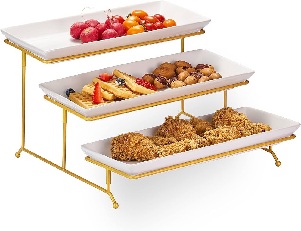 Large 3 Tier Serving Stand Tiered Serving Trays Collapsible Sturdier Rack with 3 Porcelain Servin... | Amazon (US)