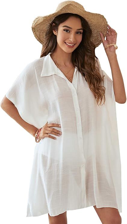 SOLY HUX Women's Short Sleeve Button Down Swimsuit Kimono Beach Cover up | Amazon (US)