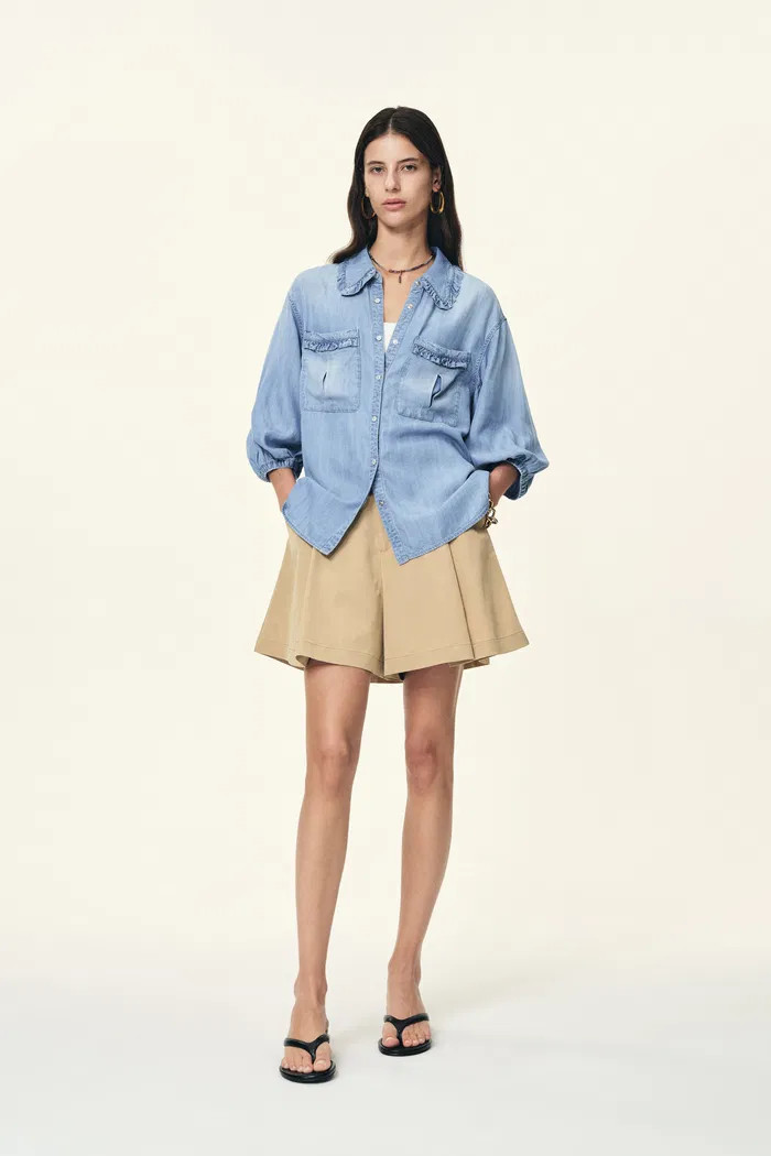 Judy Ruffle Trim Puff Sleeve Shirt in Lyocell Denim | Fabrique