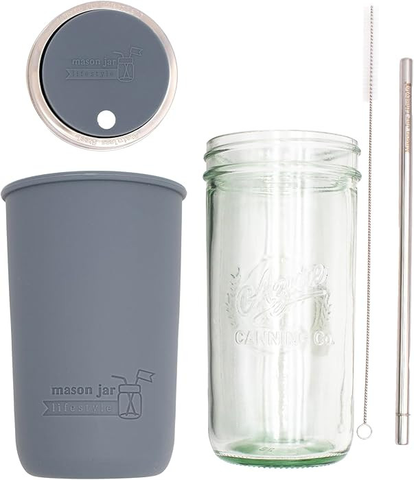 Wide Mouth 24oz Pint & Half Glass Mason Jar Water Bottle Travel Tumbler with Silicone Sleeve, Str... | Amazon (US)