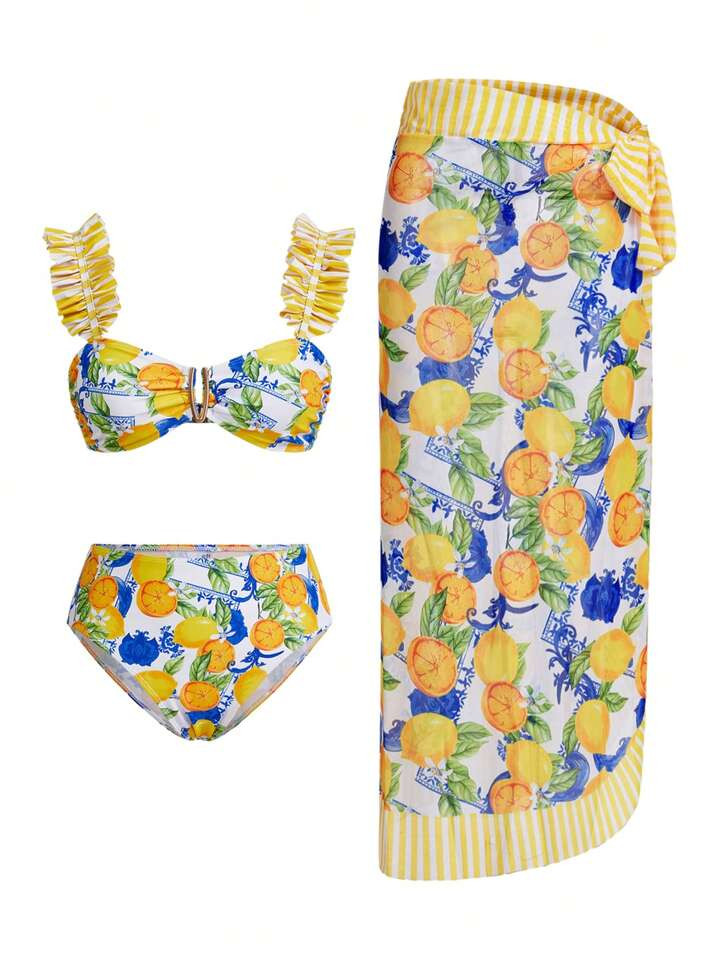 Swim Oasis 3pcs Retro Floral Print Ruffled Sling Swimsuit Set, Elegant | SHEIN