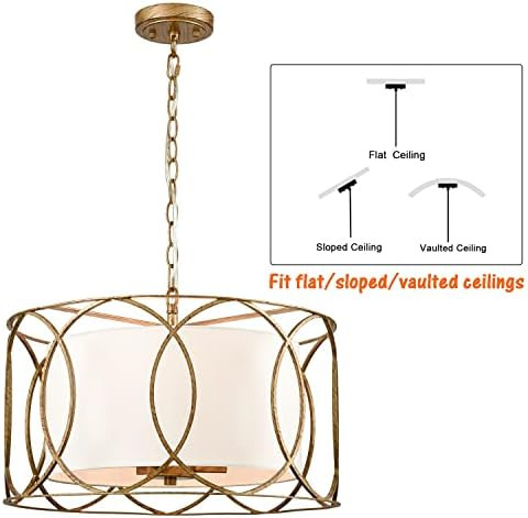 Brass Drum Pendant Light 3-Light Dining Table Fixture with White Linen Diffuser | Amazon (US)