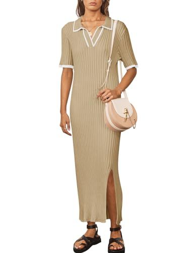 Saodimallsu Womens Maxi Knit Dress Short Sleeve Bodycon V Neck Collared Side Slit Color Block Rib... | Amazon (US)