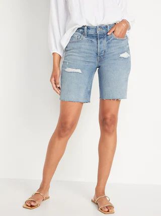 High-Waisted Button-Fly O.G. Straight Distressed Cut-Off Jean Shorts for Women -- 9-inch inseam | Old Navy (US)