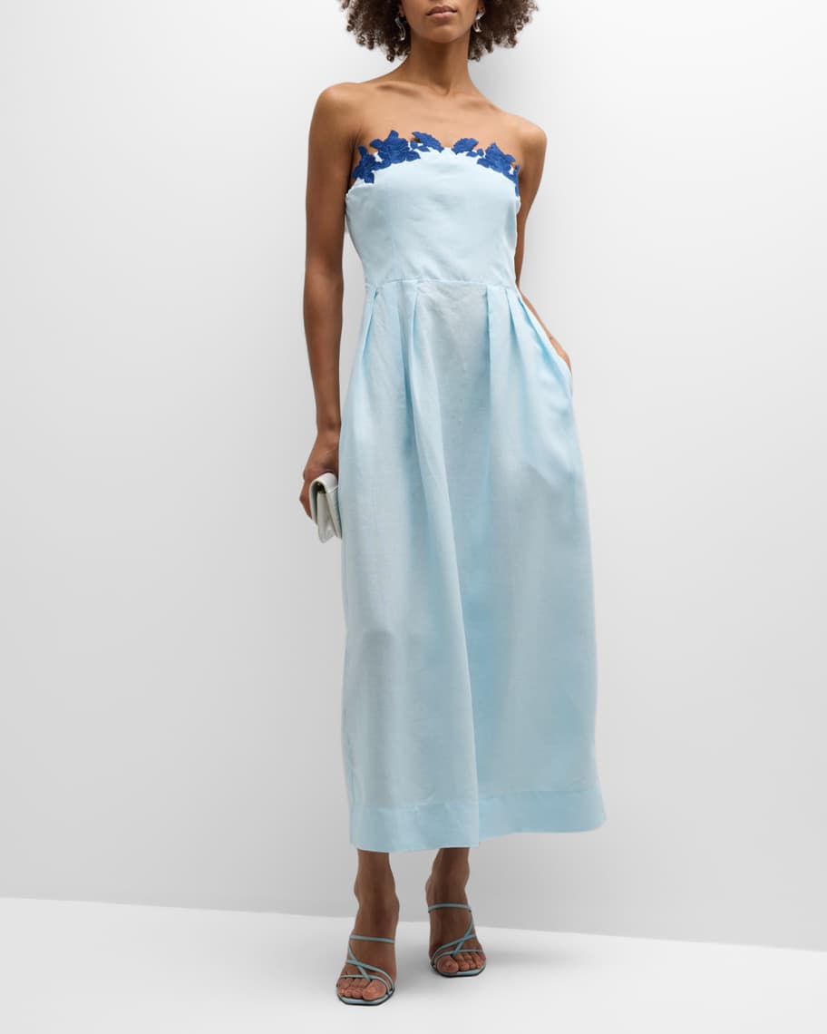 Lorr Strapless Embroidered Linen Midi Dress | Neiman Marcus