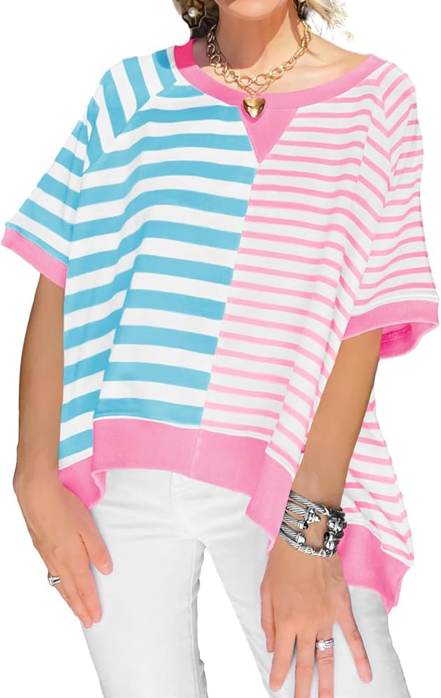 Tankaneo Womens Oversized T Shirts Summer Short Sleeve Striped Color Block Loose Fit Tops 2025 Tr... | Amazon (US)