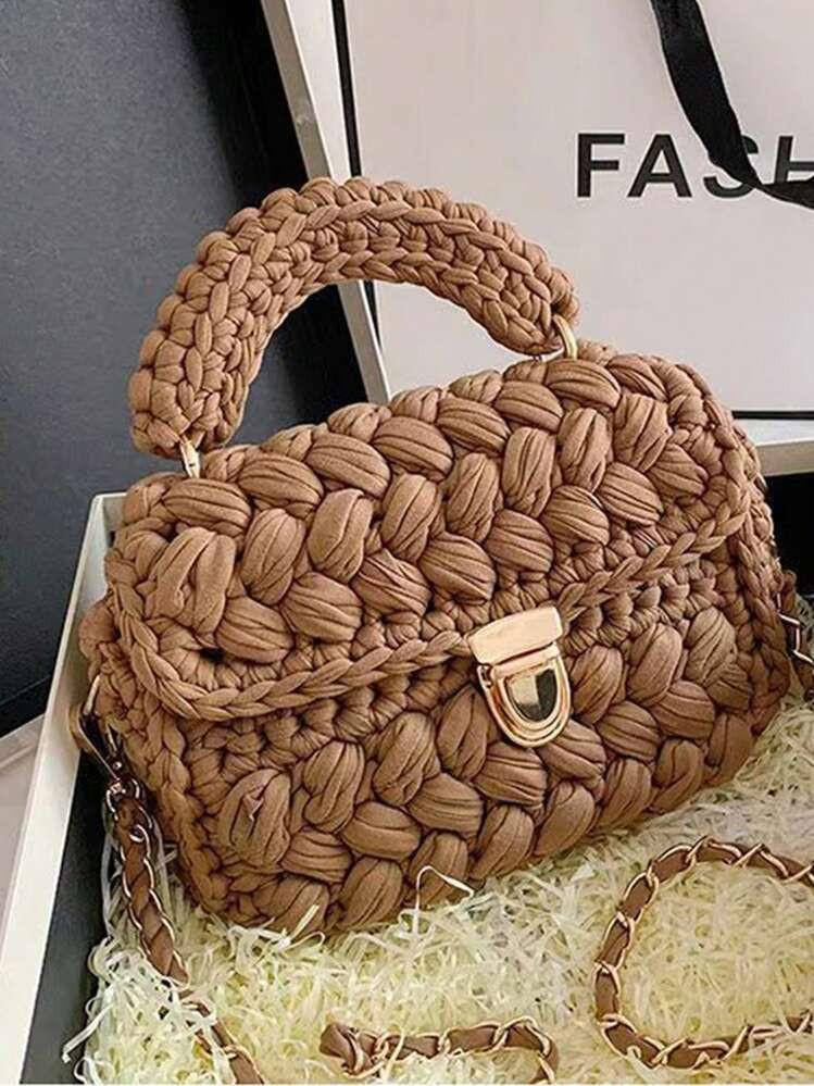 Tropiscape 1pc Handmade Crocheted Floral Striped Women Handbag, Fashion Casual Tote Bag With Detachable Chain Strap, Versatile And Large Capacity, Suitable For Daily Use And Parties, Gift For Friends, Vacation Essentials, Perfectly Matching With Beach Accessories Women Beach Autumn Winter Gifts | SHEIN