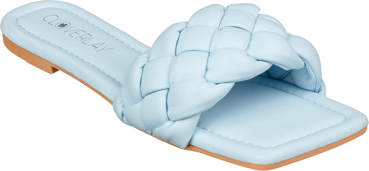 CLOVERLAY Yara Women's Square Open Toe Slides Braided Woven Single Band Slip on Flat Sandals | Amazon (US)