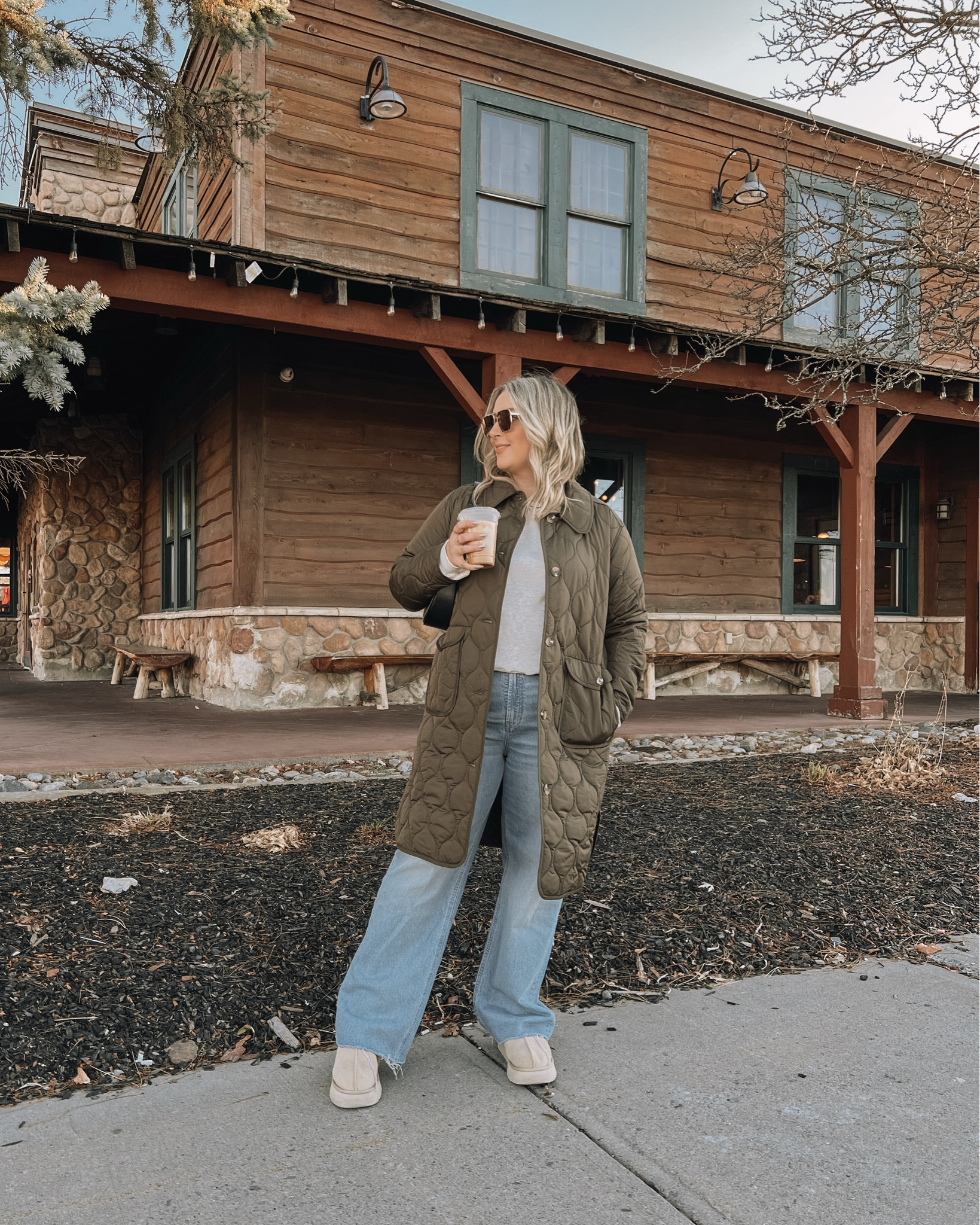 Casual fall to winter outfit - wearing my usual L in the long quilted barn jacket (50% off!) and L in the basic sweatshirt. Wearing 12 in the wide leg jeans. Ugg tazz platforms are super comfy, I’m usually a 9.5-10 and wear a 10. Also linked look for less from Amazon! Midsize fall outfits, neutral outfit 



#LTKmidsize #LTKsale #LTKwinter