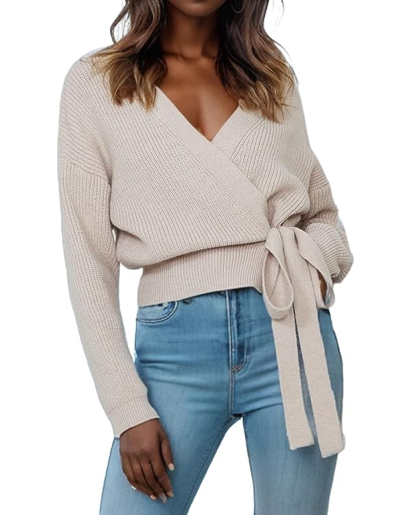 Women's Casual V Neck Wrap Sweater Pullovers Lightweight Ribbed Drop Shoulder Knitted Tops | Amazon (US)