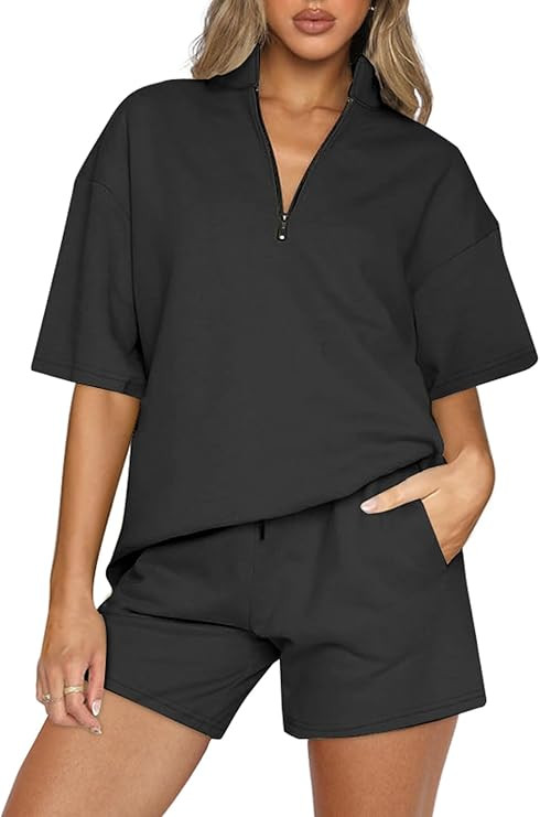 Aleumdr Women 2 Piece Sweatsuits Sets Oversized Half Zip Pullover Short Sleeve Sweatshirt Shorts ... | Amazon (US)