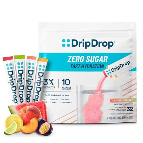 DripDrop Sugar Free Hydration Packets - Zero Classic Variety Pack - Single Serve Electrolytes Powder Drink Mix - Lemon Lime, Watermelon, Peach, Passion Fruit - Non-GMO, Gluten Free, Vegan - 32 Sticks | Amazon (US)