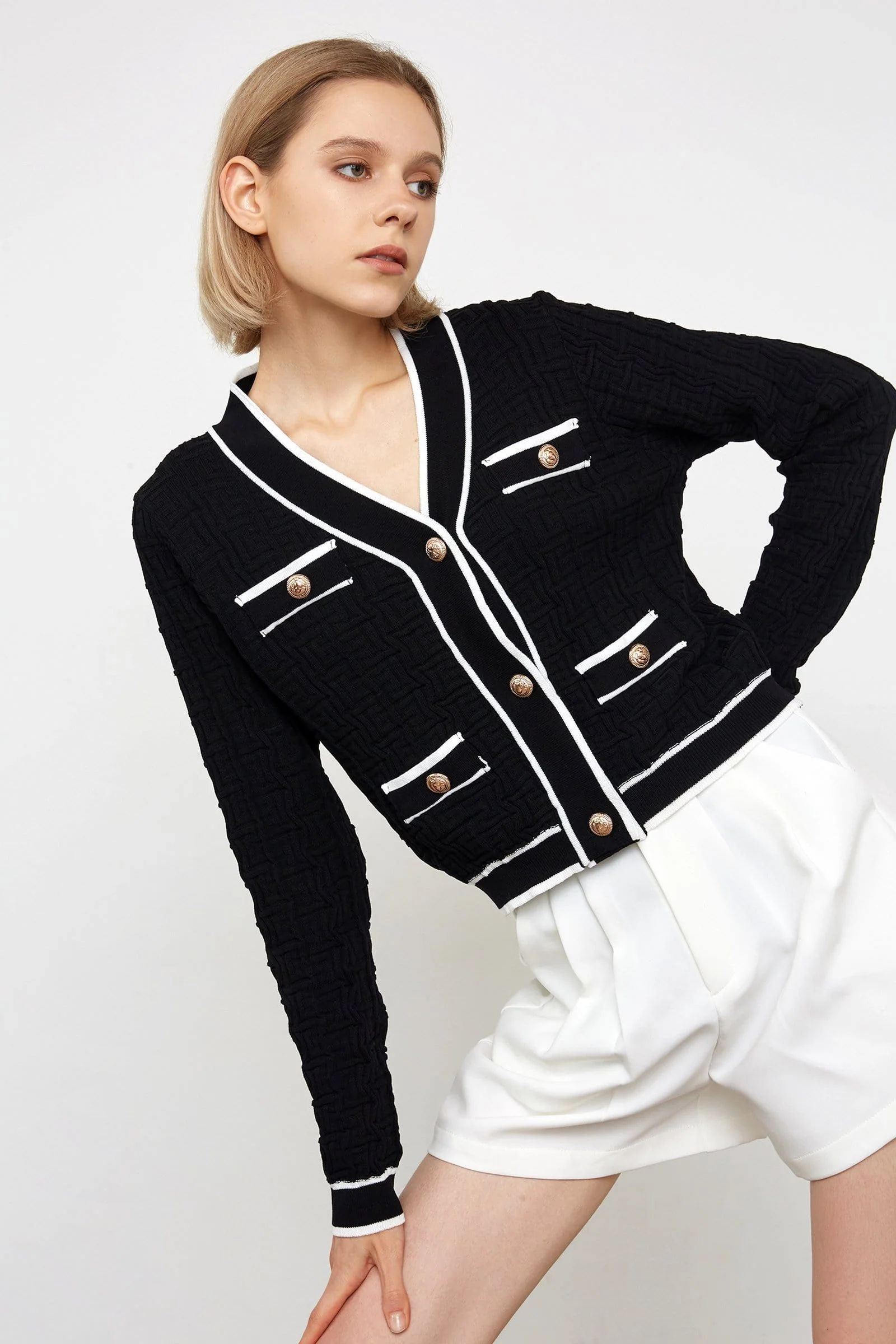 Zarina Black Contrast Cardigan | J.ING