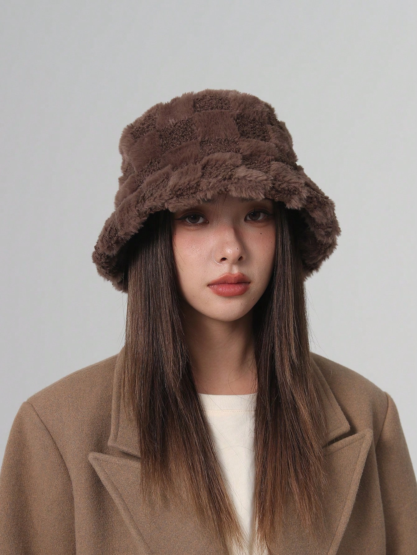 1pc Women's Fashionable Coffee Color Plaid Bucket Hat For Daily Wear, Autumn/winter Warm Fisherma... | SHEIN
