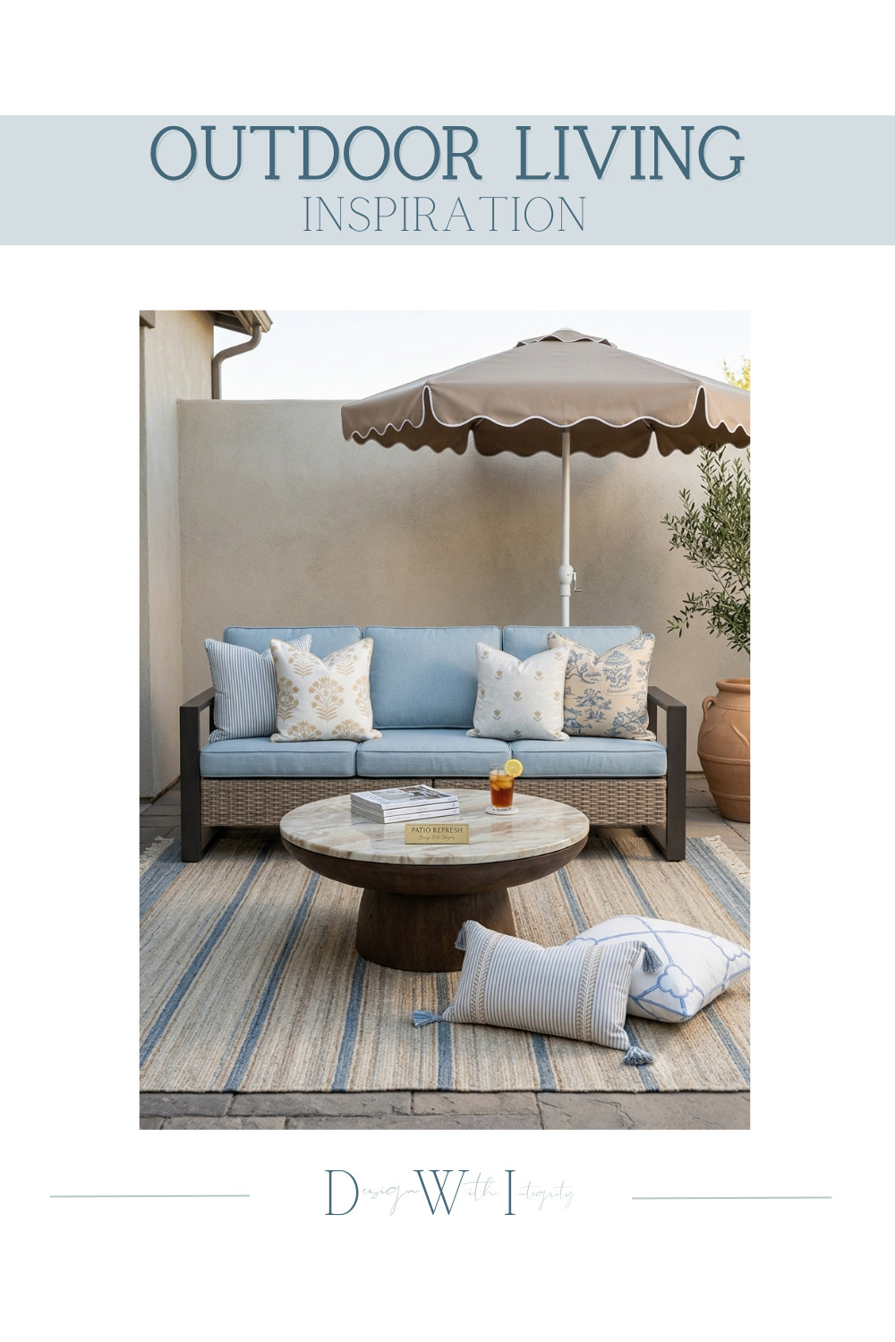An outdoor room should feel every bit as inviting as the one inside your home.

This patio was designed around soft, timeless layers that instantly create a sense of calm. A woven outdoor sofa with powder blue cushions sets the foundation, while a sculptural stone coffee table anchors the seating area with organic character. A striped performance rug, warm taupe scalloped umbrella, terracotta planter, and natural textures bring warmth and depth without overwhelming the space.

The finishing touch is the thoughtfully curated pillow mix. Tailored blue stripes, delicate florals, classic chinoiserie inspired prints, and subtle embroidered neutrals create a balanced palette that feels refined, relaxed, and effortlessly livable. Every element works together to make this patio feel like a true extension of the home.

Whether you're refreshing a small patio or designing an entirely new outdoor retreat, layering timeless furniture with collected textiles is one of the easiest ways to elevate the space.

Shop the Look on LTK to recreate this curated outdoor living design with carefully sourced pieces you'll enjoy for years to come.

This design began as one of my digital mood board concepts and was later transformed into an AI generated visualization to help homeowners see how thoughtfully selected products work together in a realistic outdoor setting.

#OutdoorLiving #PatioDecor #LTKHome 

 #LTKSeasonal #LTKHome