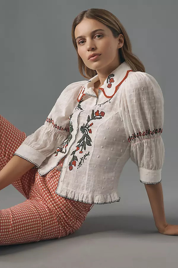 Puff-Sleeve Embroidered Collared Blouse | Anthropologie (US)