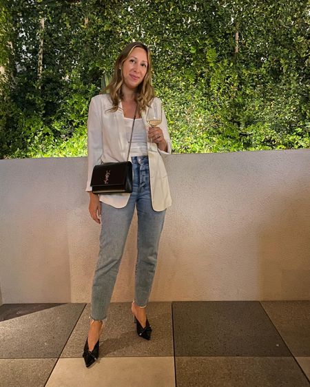 Date night outfit jeans and a white blazer ysl Kate medium bag crossbody bag black heel mules 