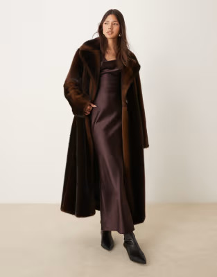 ASOS DESIGN longline vintage look faux fur coat in brown | ASOS (Global)
