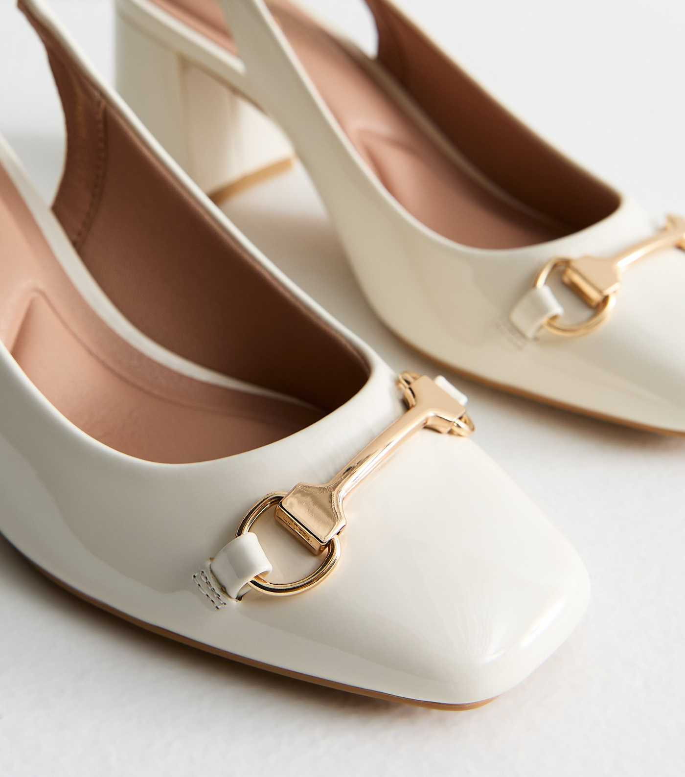 Off White Faux Patent Snaffle Detail Block Heel Slingback Pumps | New Look | New Look (UK)