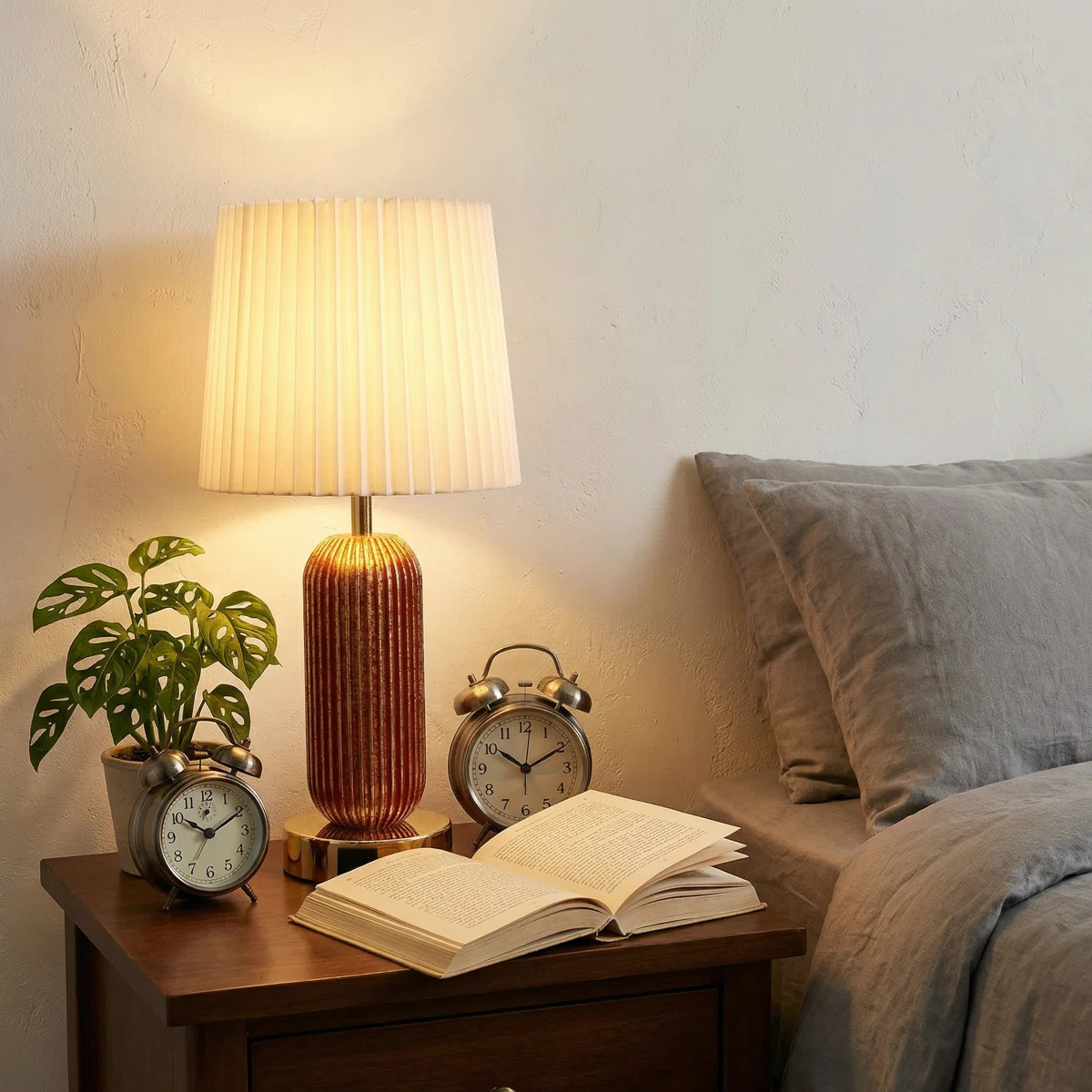 Modern Brown Ribbed Resin Table Lamp With Dual Usb Charging Ports, Cream Pleated Fabric Shade, Go... | Wayfair North America