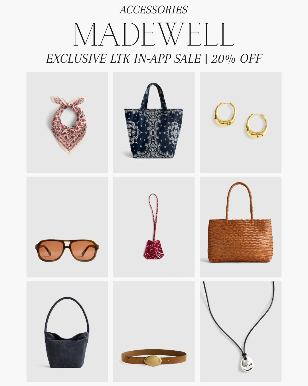[8/14/26] code LTK20 | Madewell Exclusive In-App Sale | 20% off. How cute are these accessories for fall? Bandana printed tote, woven bag, sunnies + more! ✨

#LTKxMadewell #LTKSeasonal #LTKSaleAlert