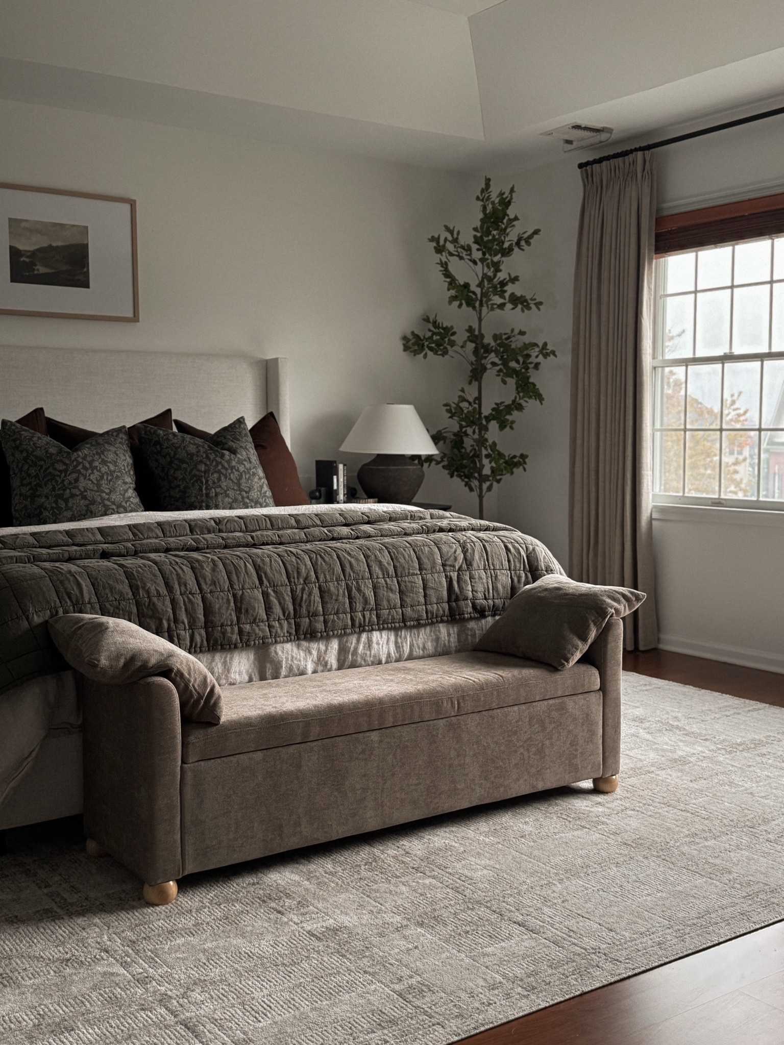 Bedroom decor, bed bench, Amazon curtains, bedroom curtains, olive tree, nightstand decor, nightstand lamp, throw pillows, art above bed, bedding combo, bedroom rug

#LTKHome