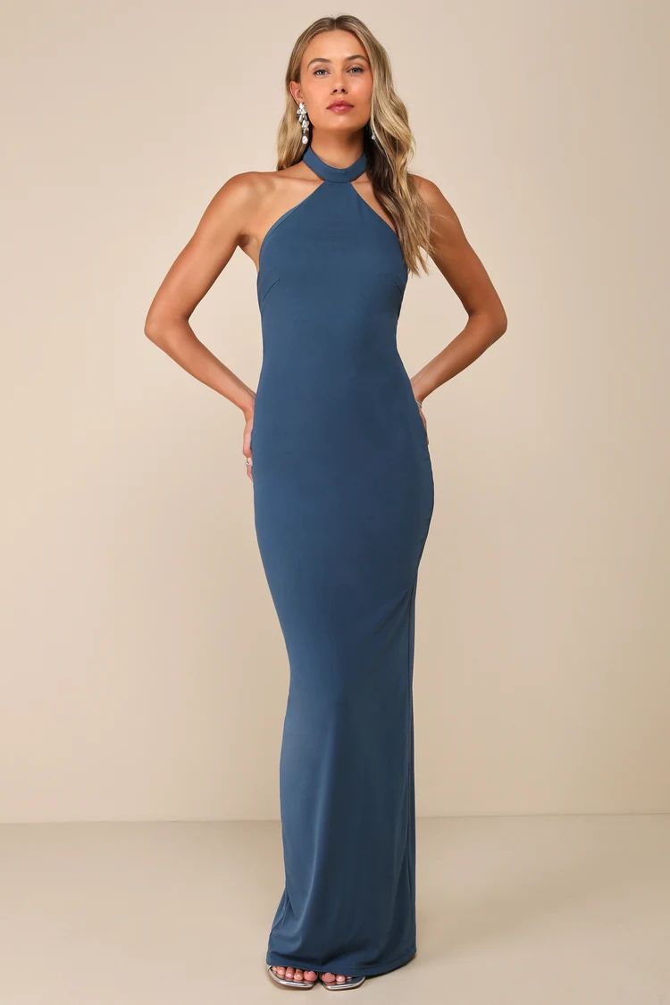 Exquisite Expression Dark Slate Blue Mesh Halter Maxi Dress | Lulus