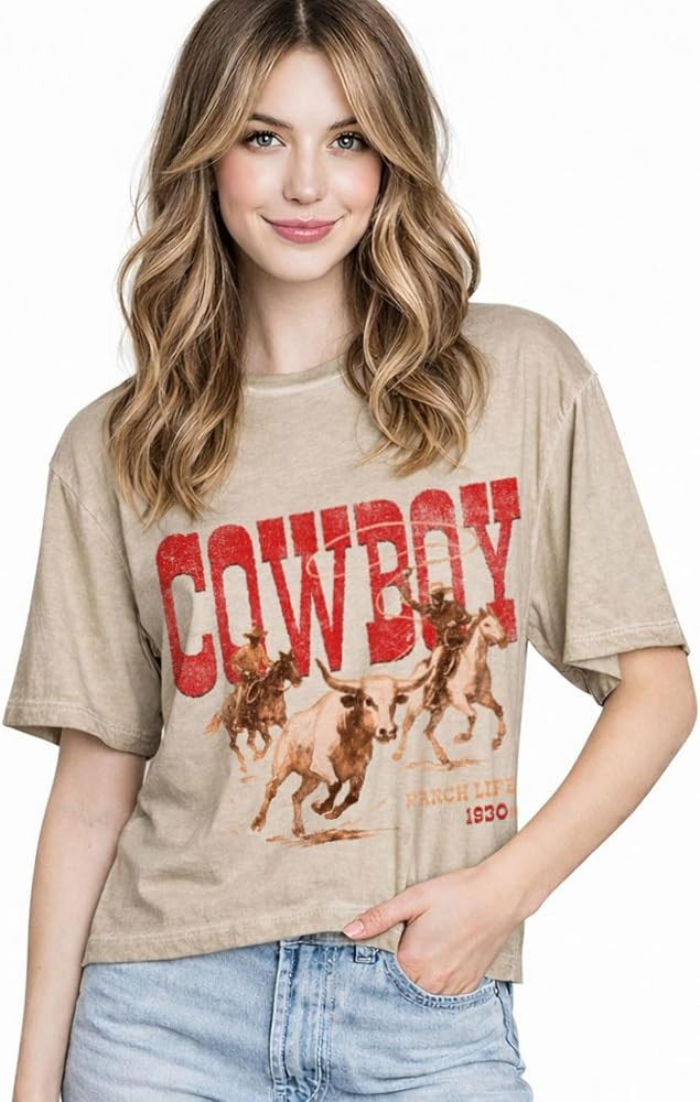 Women\u2019s Western Graphic Crop Tee \u2013 Oil Washed Vintage Cowgirl Relaxed Fit Short T-Shirt | Amazon (US)