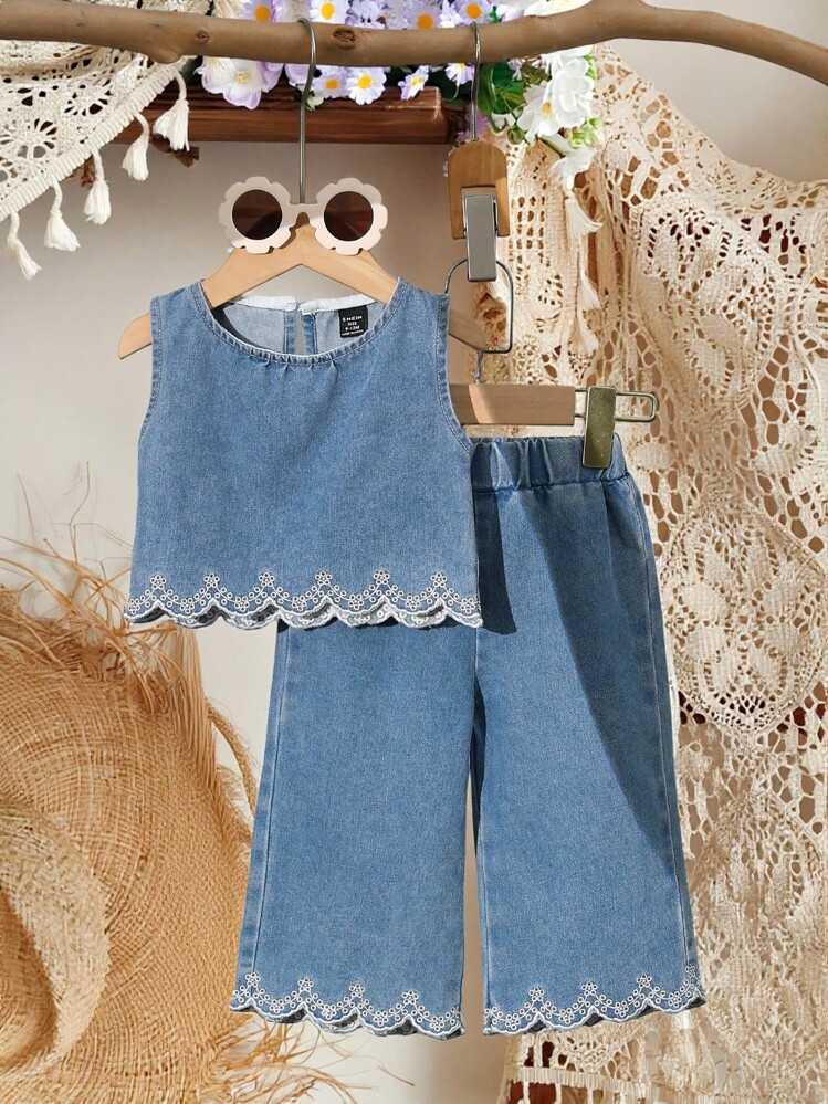 SHEIN Vintaside Kids Little Girl Clothes Sets Baby Girl Fashion Hem Embroidery Sleeveless Top And... | SHEIN