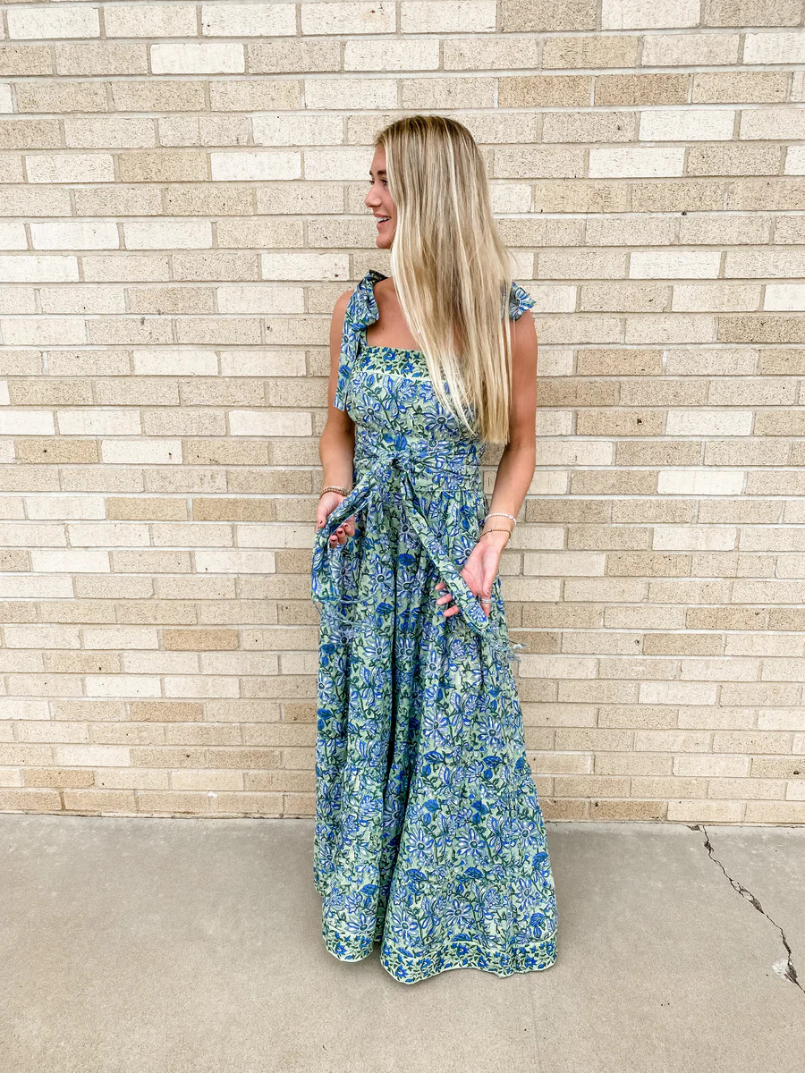 Annabel Sun Dress | Sage Green / Blue | SUE SARTOR