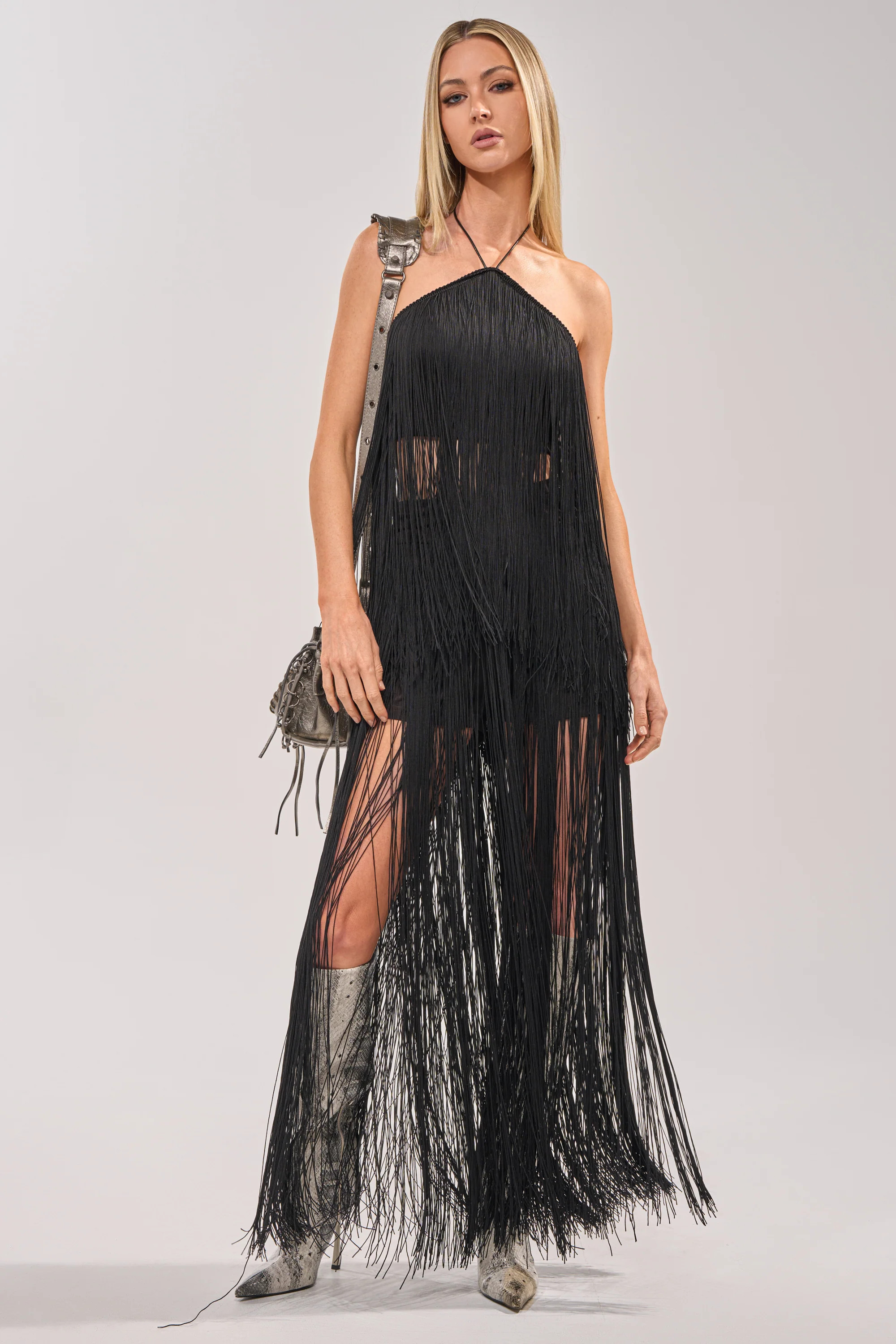 ON THE EDGE FRINGE HALTER TOP IN BLACK | AKIRA