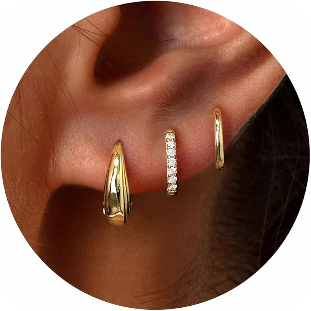 Poxtex Small Sterling Silver Huggie Hoop Earrings Set for Women, Hypoallergenic 14K Gold Plated H... | Amazon (US)