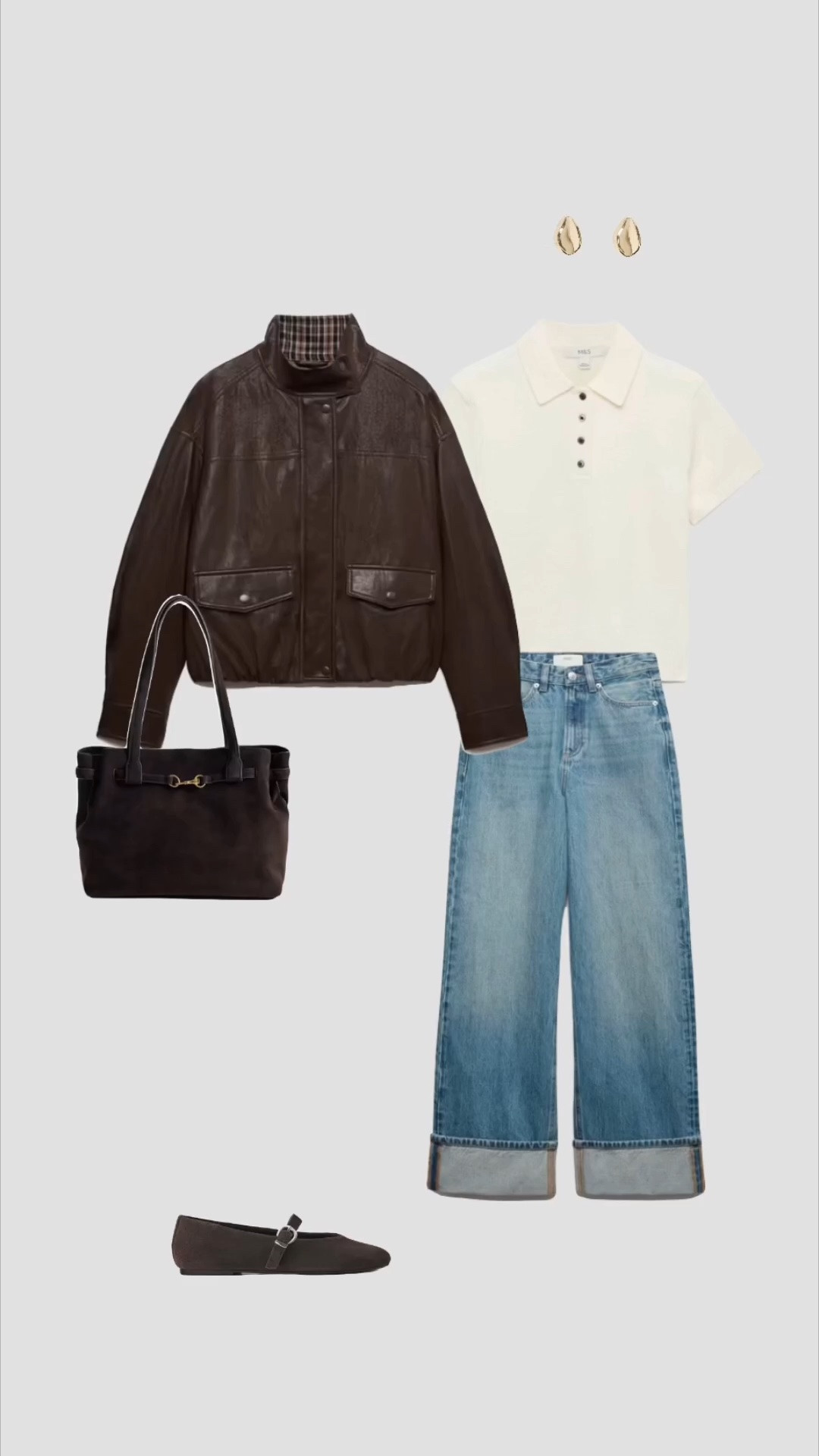 Brown Faux Leather Funnel Neck Bomber Jacket, Cream Knit Polo Jumper & Blue High Waisted Wide Leg Turn Up Jeans Autumn Outfit 🍂

I tried this jacket on in store and it’s so so soft! I love the check detail for autumn 🤩

• everyday outfits casual outfit college outfits university outfit minimal outfits uk 2026 pub outfits work workwear suede chocolate brown tote bag rainy day outfit simple outfit casual style womens transitional outfits •

#LTKuk #LTKautumn #LTKjeans