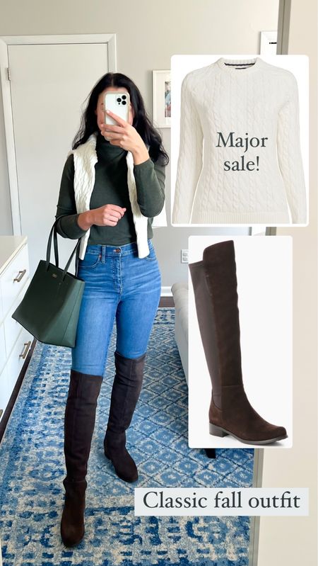 Classic fall outfit - turtleneck, sweater, jeans, and over the knee boots! I’ve been looking for new fall boots and this is my first time trying an over-the-knee style and I’m shocked at how much I love it! The dark brown shade is classic and matches everything. Paired with high-rise jeans, a simple green turtleneck, and a classic cable knit crewneck sweater that is on major sale! Great daily fall outfit, date night, or dinner with friends.

Cable knit sweater- runs a little big, I wear an XS and it fits perfectly
Tall boots - fit TTS, if between sizes I would size down in these

Classic style, preppy, mom outfit, Jcrew style, lands end, GAP, Tuckernuck, sale alert #jcrewstyle #classicstyle #sale #tuckernuck #falloutfit 

#LTKfindsunder50 #LTKsalealert #LTKSeasonal