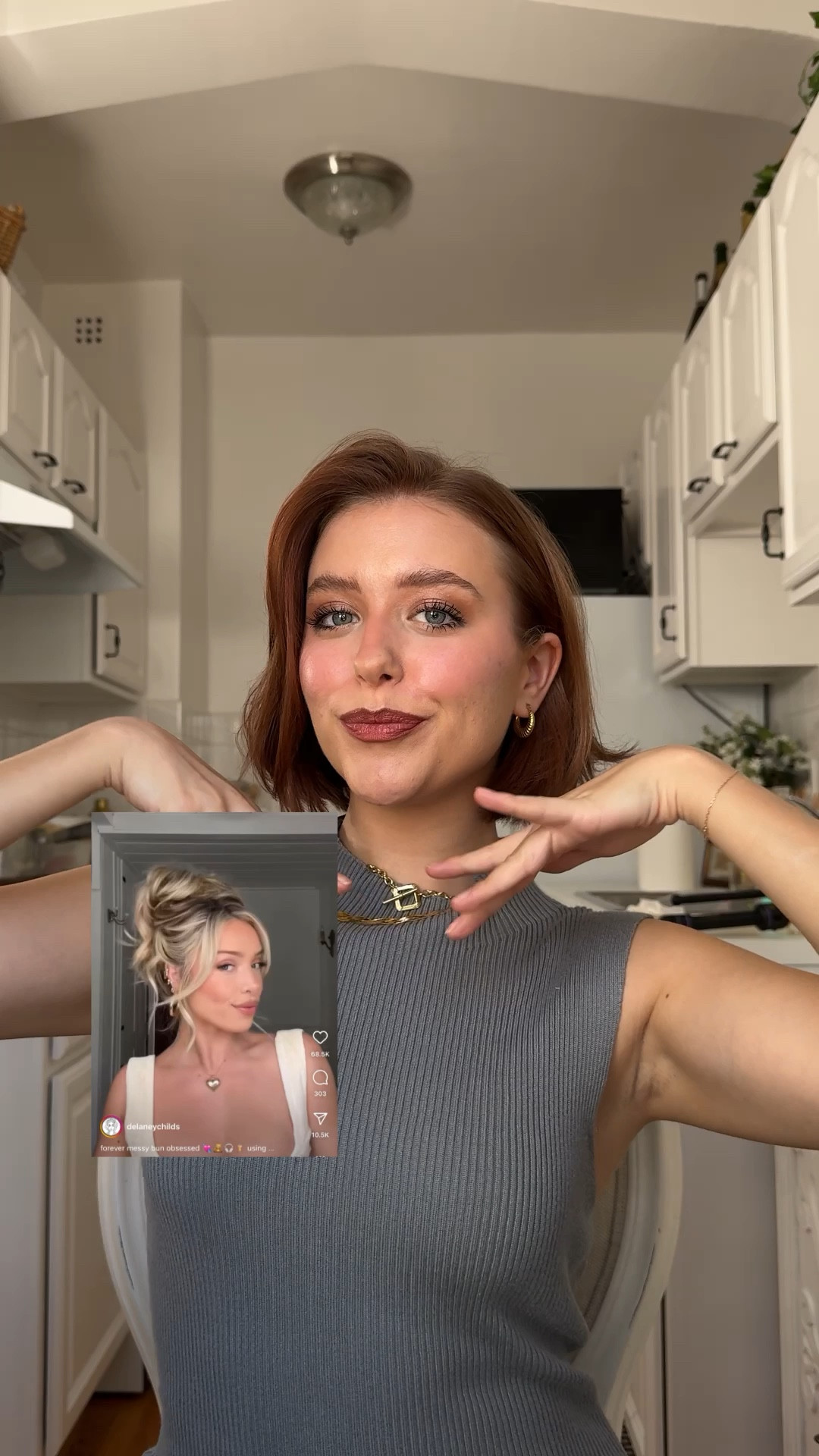 I think it’s a slay 😌🫶🏼 deets below👇

1. Section out your hair + take bottom section & twist - I’m using Oribe structure spray
2. Secure with clip & depending on style preference - add a few to complete the look (my clips are on my Amazon storefront!)
3. Take top section & secure with a ponytail
4. Using your curling iron (I’m using Bioionic ) curl the remaining pieces of hair. Don’t forget to use heat protectant! I’m using Oribe 
5. Taking OPEN Bobby pins - pin hair into place including a couple sections left out in the front 
6. Curl remaining front pieces & do last adjustments w/ hairspray! I’m using freestyler by Oribe 

& now pookie is looking absolutely FIRE 🔥 

Original messy bun by Delaney Childs 🫶 !!



#delaneychildsbun #viralhairstyles #shorthairstyle #bobhairstyles #messybuntutorial

#LTKstyletip #LTKbeauty #LTKVideo