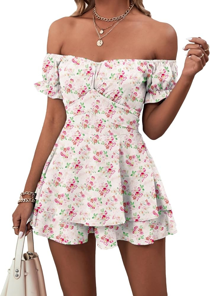 LYANER Women's Off Shoulder Wrap Tie Up Back Ruffle Short Sleeve Romper Short Jumpsuit | Amazon (US)