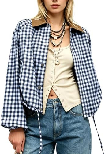 Women Gingham Jacket Corduroy Collar Shacket | Snap button front plaid jacket with side pocket, L... | Amazon (US)