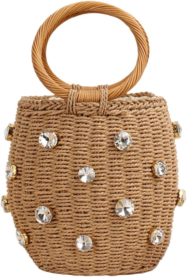 Straw Bucket Bag, Summer Beach Handmade Tote Bag, Woven Rattan Raffia Wicker Basket Purse with Pe... | Amazon (US)