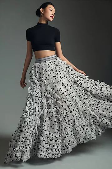 India Tulle Dot Ruffle Maxi Skirt | Anthropologie (US)